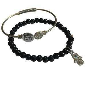 Good Karma Black Bead Stretch Bracelet & Hamsa Hand Charm Set